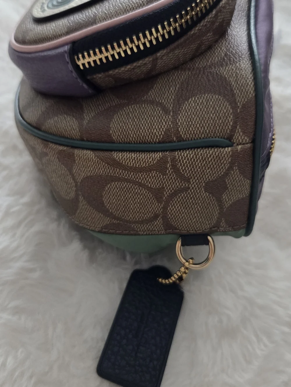 Coach Signature Canvas Belt Bag in Brown with Purple & Pink Trim